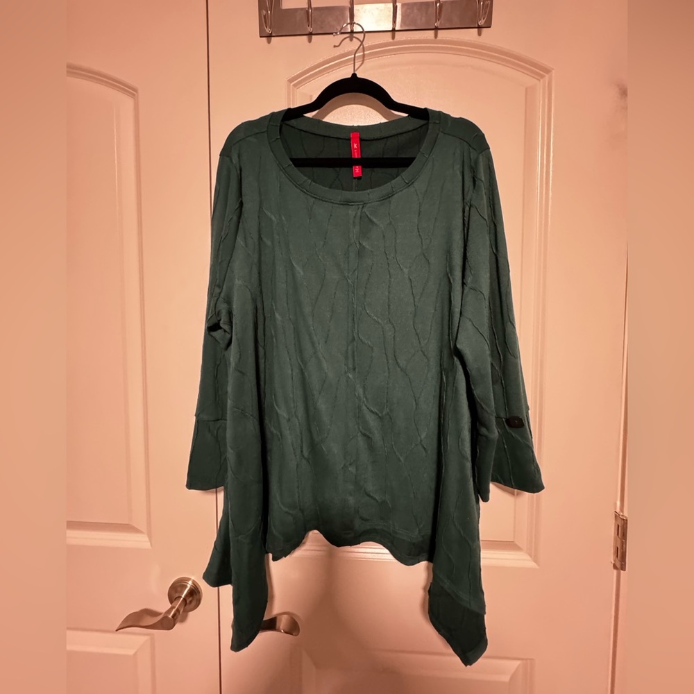 IC By Connie K, Size 1X, Forest Green Oversized Tunic Top, Cuffed Sleeves